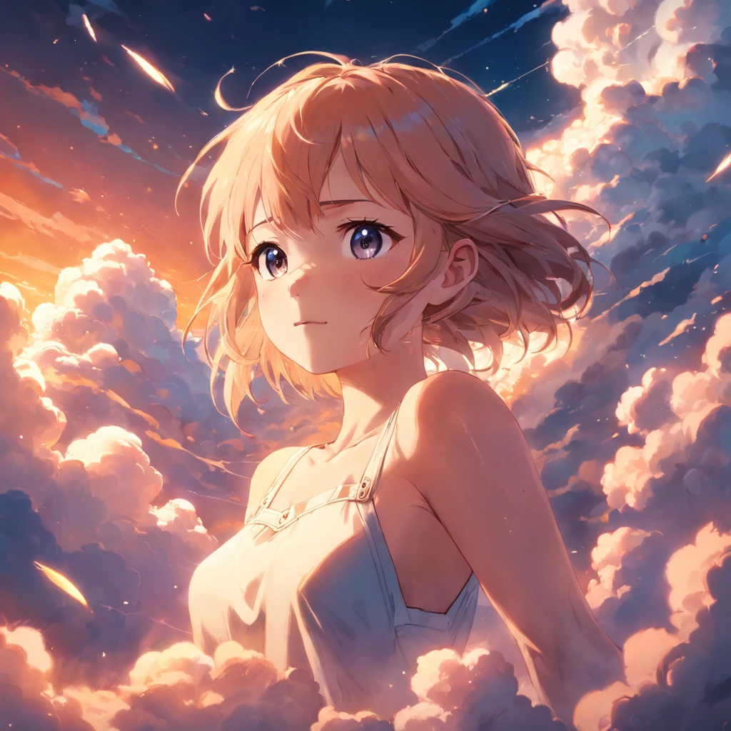 masterpiece, best quality, movie still, 1girl, cloud girl, floating in the sky, close-up, bright, happy, warm soft lighting, sunset, (sparks:0.7)