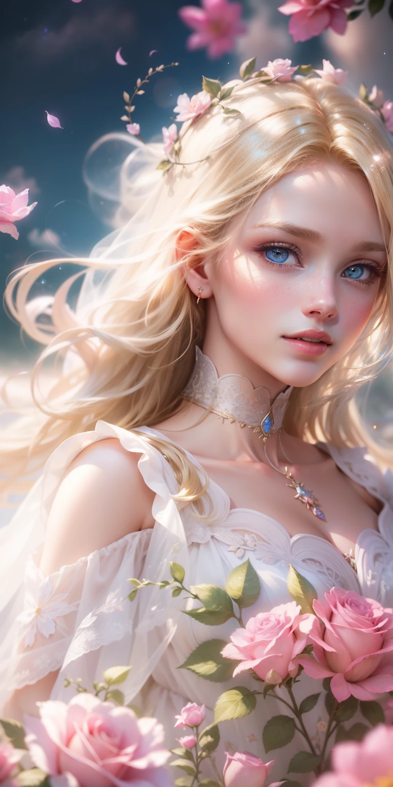 Beautiful transparent Barbie princess, Transparent colorful petals, delicated face，Blonde hair fluttered in the wind､Starry blonde hair，Blonde hair，Beautiful blue sky and white clouds、Girls have transparent wings､kindly smile､Beautiful garden background､Gentle and transparent，anatomy correct, Delicate pattern，Pink rose space, Soft lighting, ( Bokeh)，Masterpiece, Super detailed, Epic composition, Highest quality, 8K，Epic romantic fantasy digital art，Epic fairy tale fantasy digital art，Mythological fantasy，UHD resolution，Detailed detail drawing，realisticlying，Very realistic，cinmatic lighting,an award winning photograph,rich colours，hyper realistic lifelike texture，dramatic  lighting
