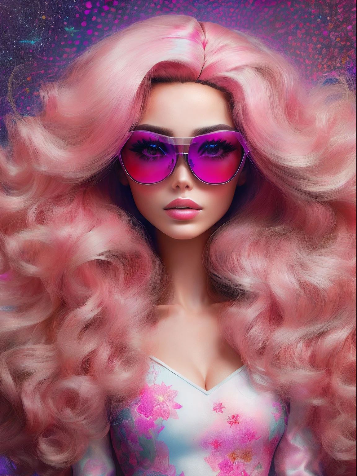 semi body portrait, pink sunglasses, (she is a barbie doll:1.1), joyful expression, (lush volumptuous hair [ long hair : magical surrealism: 0.57 ]:1.5), (volumptuous hair:1.5), hyperrealistic, best quality, masterpiece, ((clear background)), vintage style, dramatic portrait, ((intricate details))