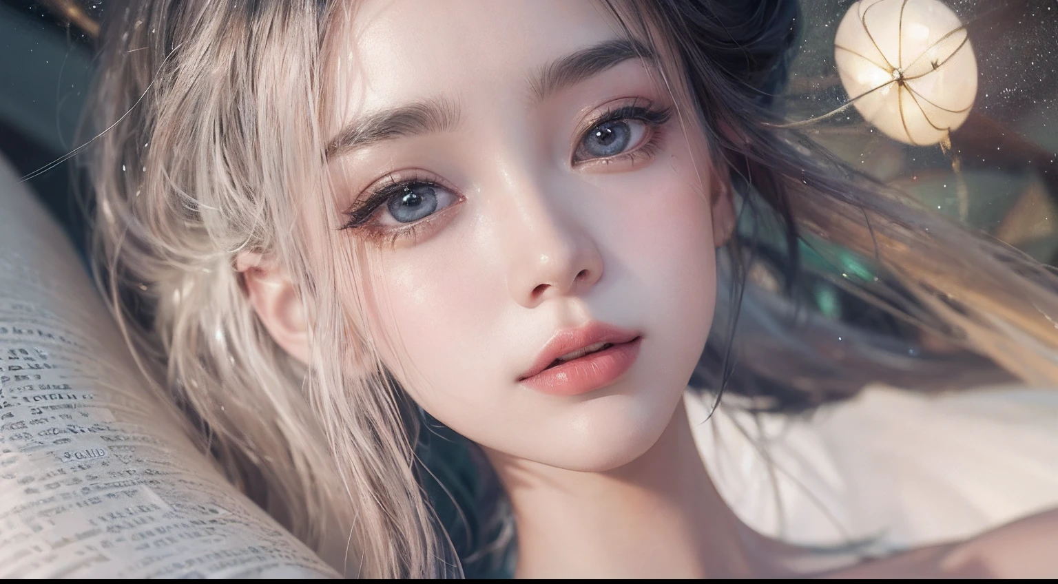 1girll,(enchanced quality:1.4),(Top quality true texture skin), Delicate face,Black hair, Gradient hair, Petite body,(perfect bodies:1.1), There are precious stones on the forehead, rimless eyewears, Sparkling pupils,long eyelasher,grin, hyper photorealism, Cinematic lighting, projected inset, surrealism, hyper HD, Masterpiece, 16k,Lie down,dream on,Wear transparent silk pajamas,Carmelto,Legs slightly open,Tattooed with,Fantasy space,Luxurious space