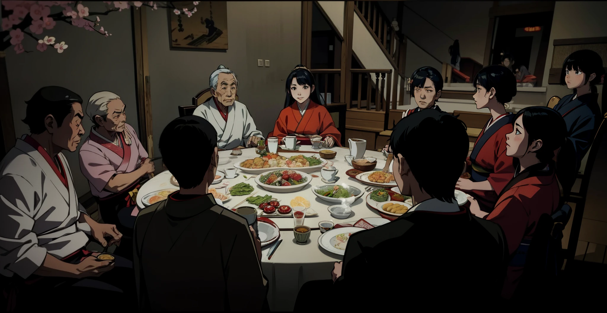 Anime scene, japanese family, dining on the table, edo period, traditional clothing japanese, court attire, middle age people, japanese dynasty family with king on the table