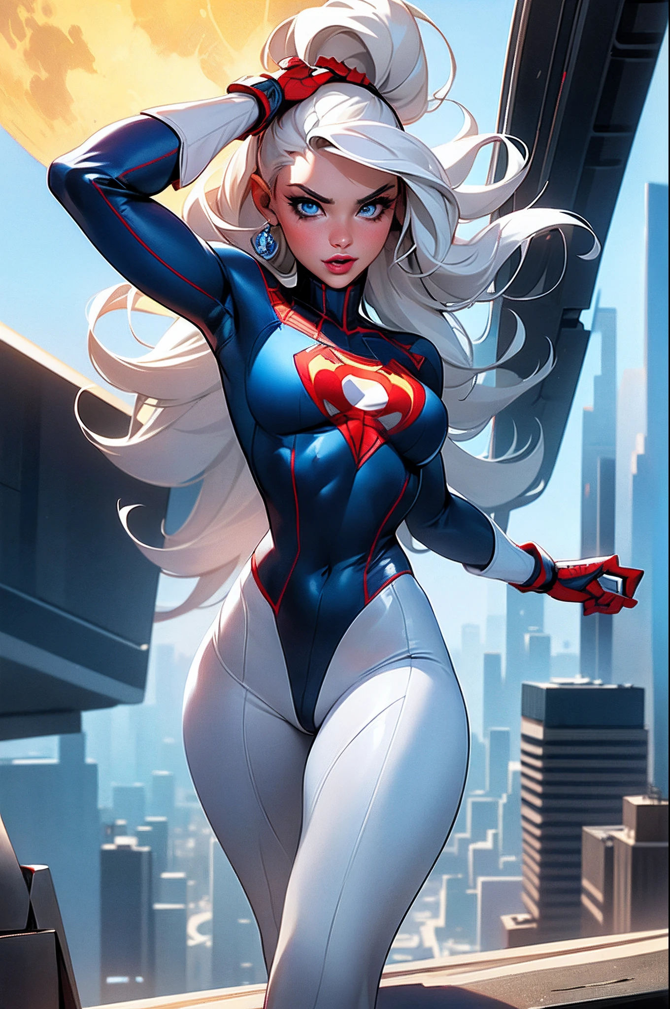 (Masterpiece, 4k resolution, ultra-realistic, very detailed), (White superhero theme, charismatic, there's a girl on top of town, wearing Spider-Man costume, she's a superhero), [ ((25 years), (long white hair:1.2), full body, (blue eyes:1.2), ((Spider-Man pose),show of strength, jumping from one building to another), ((sandy urban environment):0.8)| (cityscape, at night, dynamic lights), (full moon))] # Explanation: The Prompt mainly describes a 4K painting of ultra-high definition, very realistic, very detailed. It shows a superheroine at the top of the city, wearing a Spider-Man costume. The theme in the painting is a white superhero theme, the female protagonist has long white hair, is 25 years old and her entire body is shown in the painting. In terms of portraying the actions of superheroines, spiders are employed