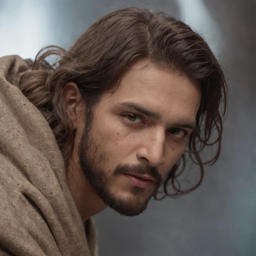 (Professional 3D rendering:1.3) de (Realistic:1.3) Foto de arte mais bonita do mundo，Apresenta jesus cristo masculinos suaves e brilhantes, ((cabelos soltos homem acolhedor olhado olhar acolhedor cabelo longo e volume, Short beard and detailed expression in dynamic pose, Desert Location, majestoso ambiente crepusculo)), meio corpo 4k unidade render, action shot, poros da pele, very dark lighting, sombreamento pesado, circunstanciado, Rosto detalhado, (vibrante, fotogrdeia realista, Realistic, Dramatic, Escuro, foco nítido, 4k), (Old leather clothes damaged by bad weather:1.4), ((((Use peles)))), (intrincado:1.4), decadente, (altamente detalhado:1.4), pintura digital, rendering by octane, art stations, Conceito-Arte, liso, foco nítido, , germe da arte, (Loish:0.23), Wlop Ilya Kuvshinov, e Greg Rutkowski e Alphonse Mucha Gracias, (global ilumination, studiolight, Light Volumetric), chuva forte, floating particles, patife, fantasia, Onze, corpo inteiroesbian, ((Fundo escuro e antigo da cidade:1.3)),CGSesociedade,art stations