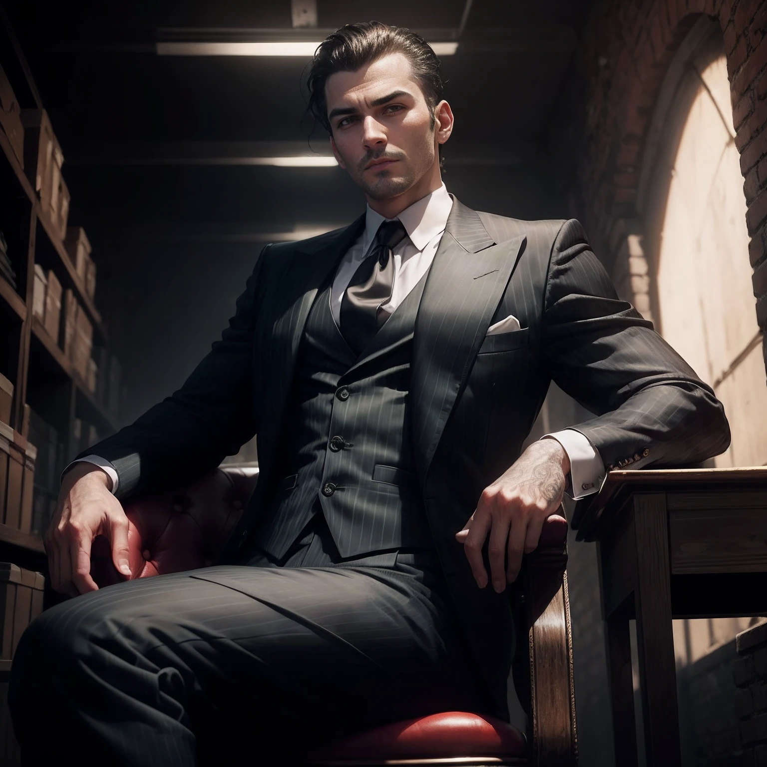 A member of the mafia, is looking at the camera, Put on a beautiful costume, Sitting on a chair in a dark warehouse, Poor lighting