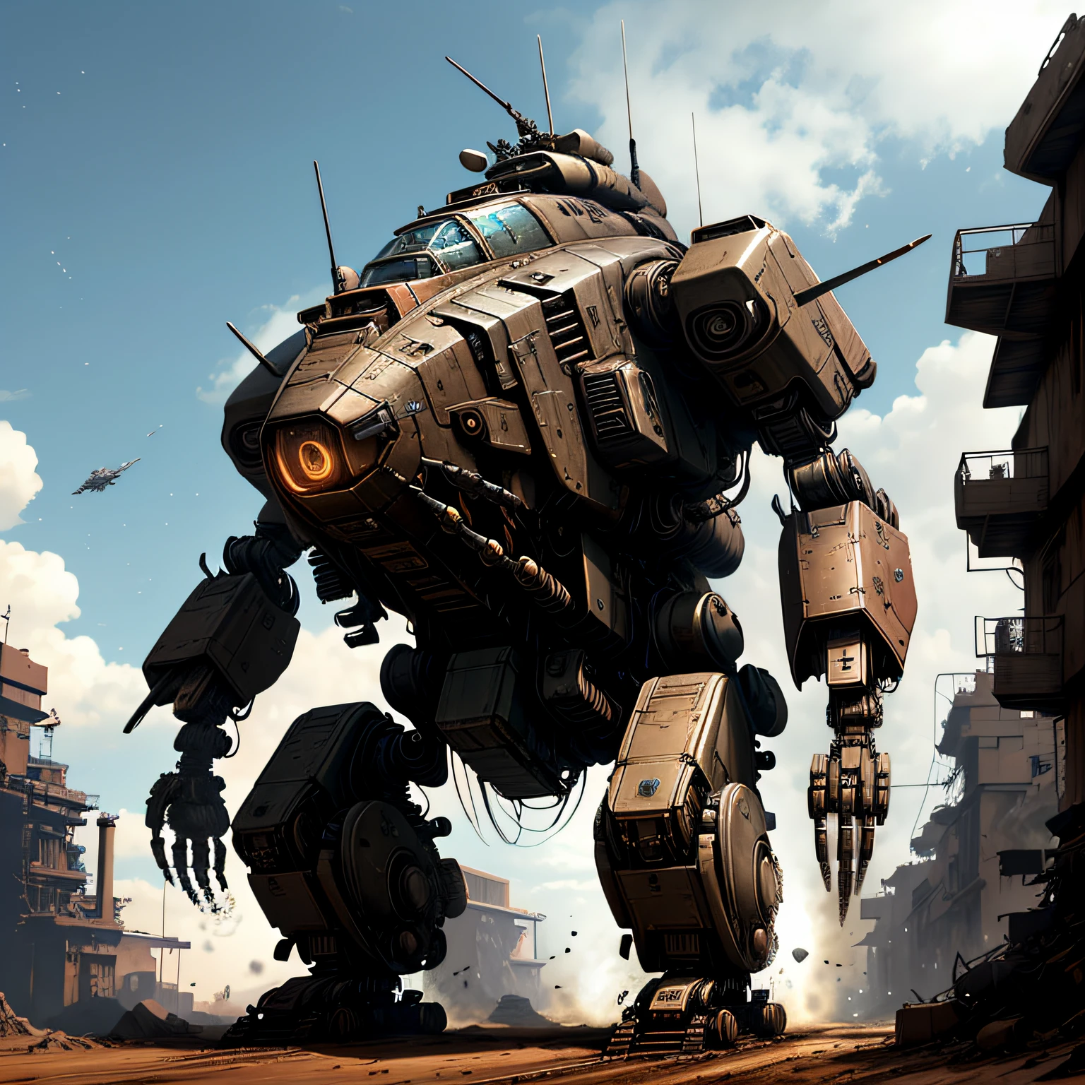 brown colors,Dieselpunk AI fighter mech