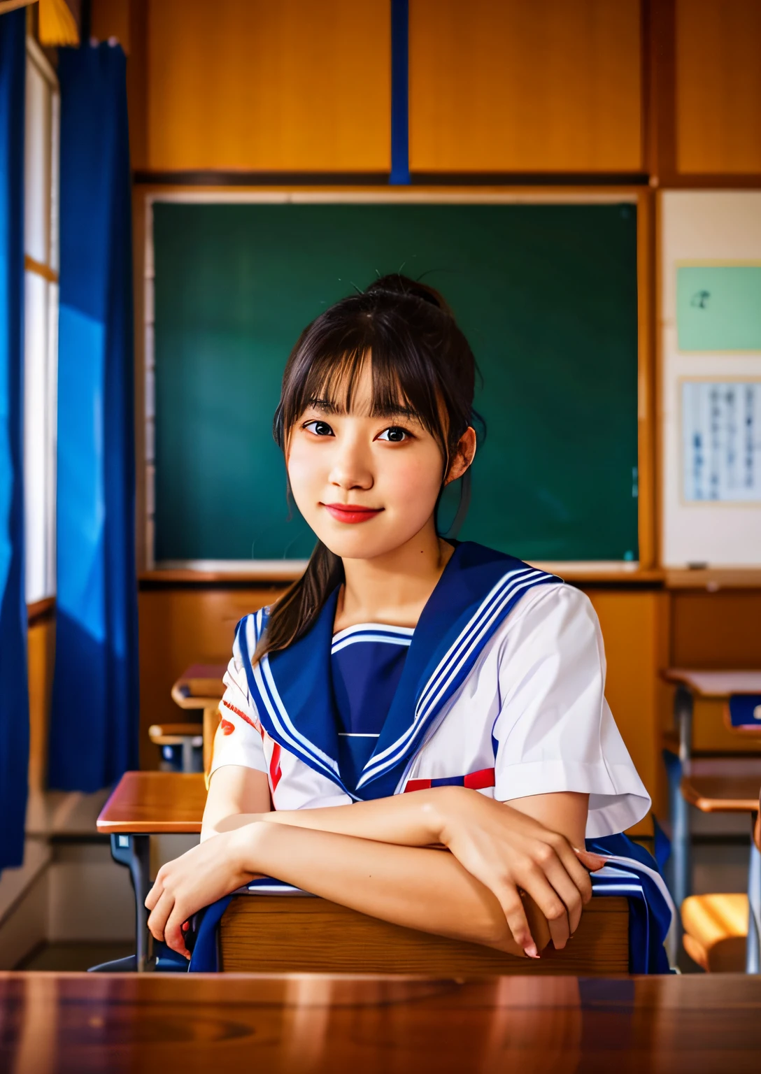 there is a gril sitting at a desk in a classroom, portrait of a japanese girl, japanese high school, seifuku, wearing japanese school uniform, portrait of high school girl, japanese school uniform, girl wearing uniform, japanese girl school uniform, of a youthful japanese girl, Best picture quality, masterpiece, ultra high resolution, cinematic,bare shoulders, ponytail hair, look at viewer