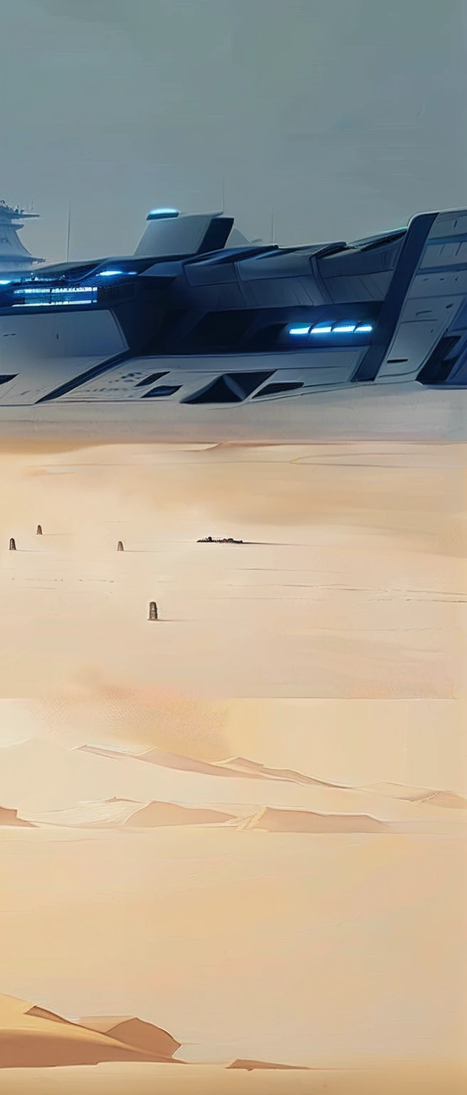 From the beach, You can see the land in the distance, High-tech castle， digitial painting, realisticlying，bottom body close up, zoomed out very far, Thick paint is visible, stardestroyer in the background, spaceship in background，Shiny spaceship，Glowing spaceship，game background，combat scene
