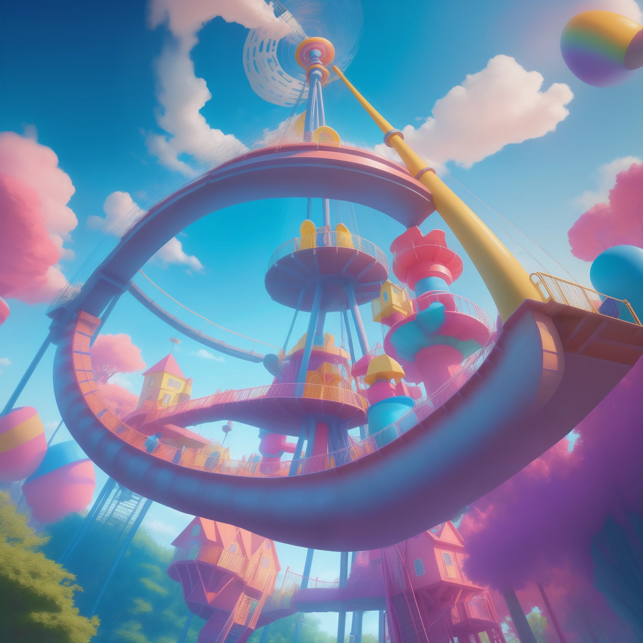 Create a magical playground, com um escorregador espiral gigante, Swing and bridge that swings more does not fall. Use cores coloridas vibrantes. Seja inspirador.