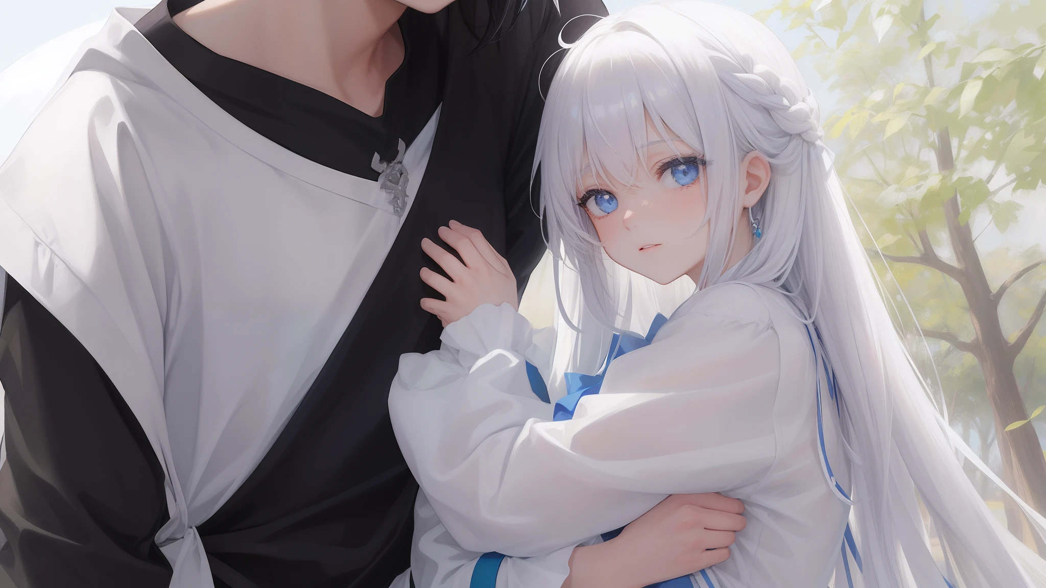 The white-haired, blue-eyed, young girl in a white shirt hugged the boy with black hair and blue-eyed eyes,Embrace the ultimate in light and shadow,k hd,and the sun was shining brightly,is shy,White skin