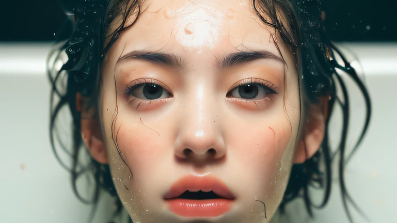 ((top quality, 8k, masterpiece: 1.3)), woman (naked in hot springs), sweating, water droplets on forehead of face, outdoors, background urban cityscape, overhead camera, sharp focus: 1.2, cute woman: 1.4, (((layered haircut)), (white shirt), very detailed face and skin and hair texture, knotted black hair, wet texture hair, wet body, detailed eyes, Double eyelids, white skin, beautiful legs, beautiful delicate nose, cute young Japan woman, 28 years old, with dynamic angles, it is pleasing to the eye and suggestive composition, while emphasizing the subject's hair, eyes, mouth and action, while exuding melancholy emotions characterized by a contrasting mix of calm tones and light and shadow.