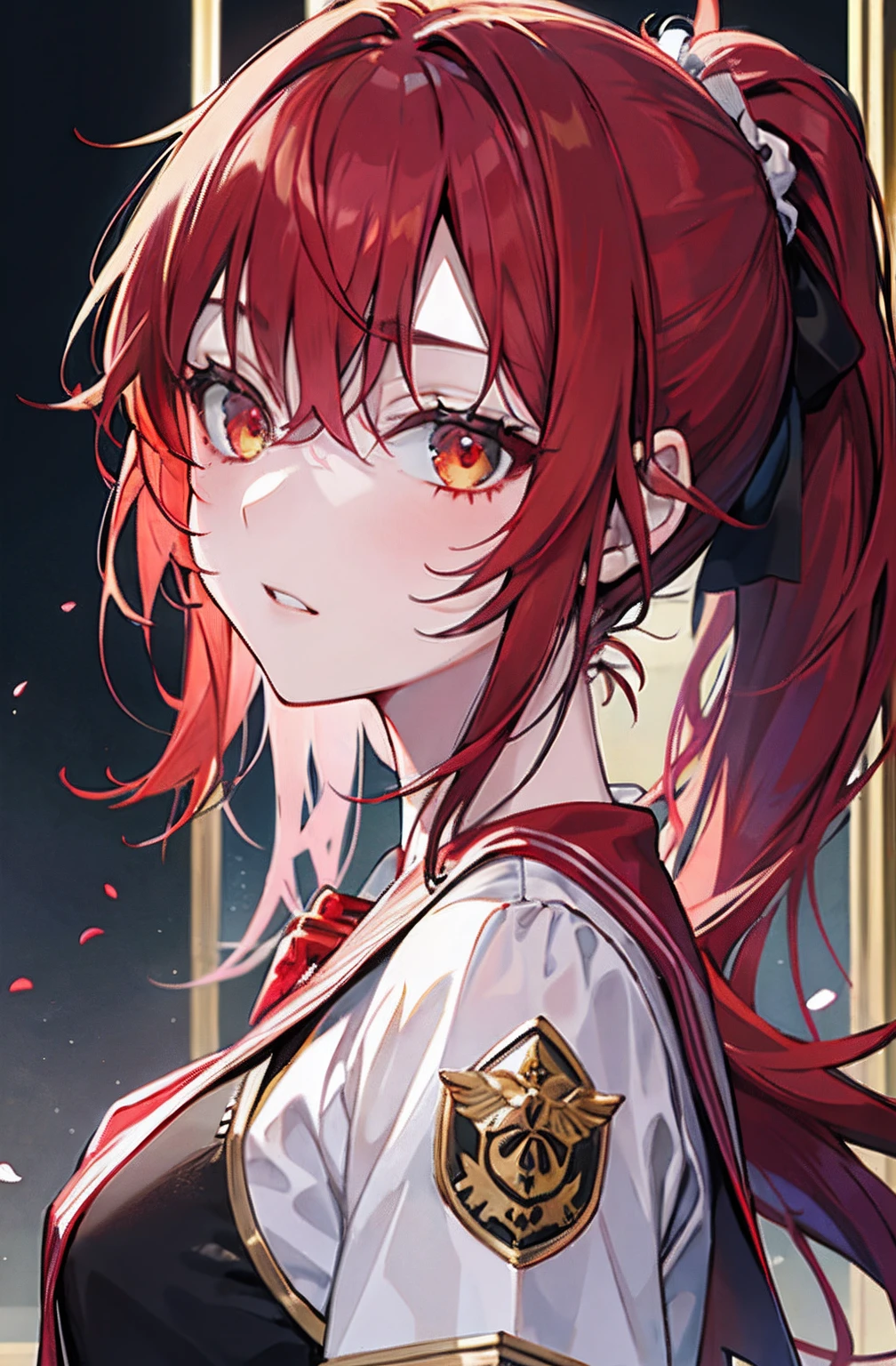 shoulder hair, ponytail, no bangs, red hair, golden eyes, high-school girl, royal, portrait, bad girl