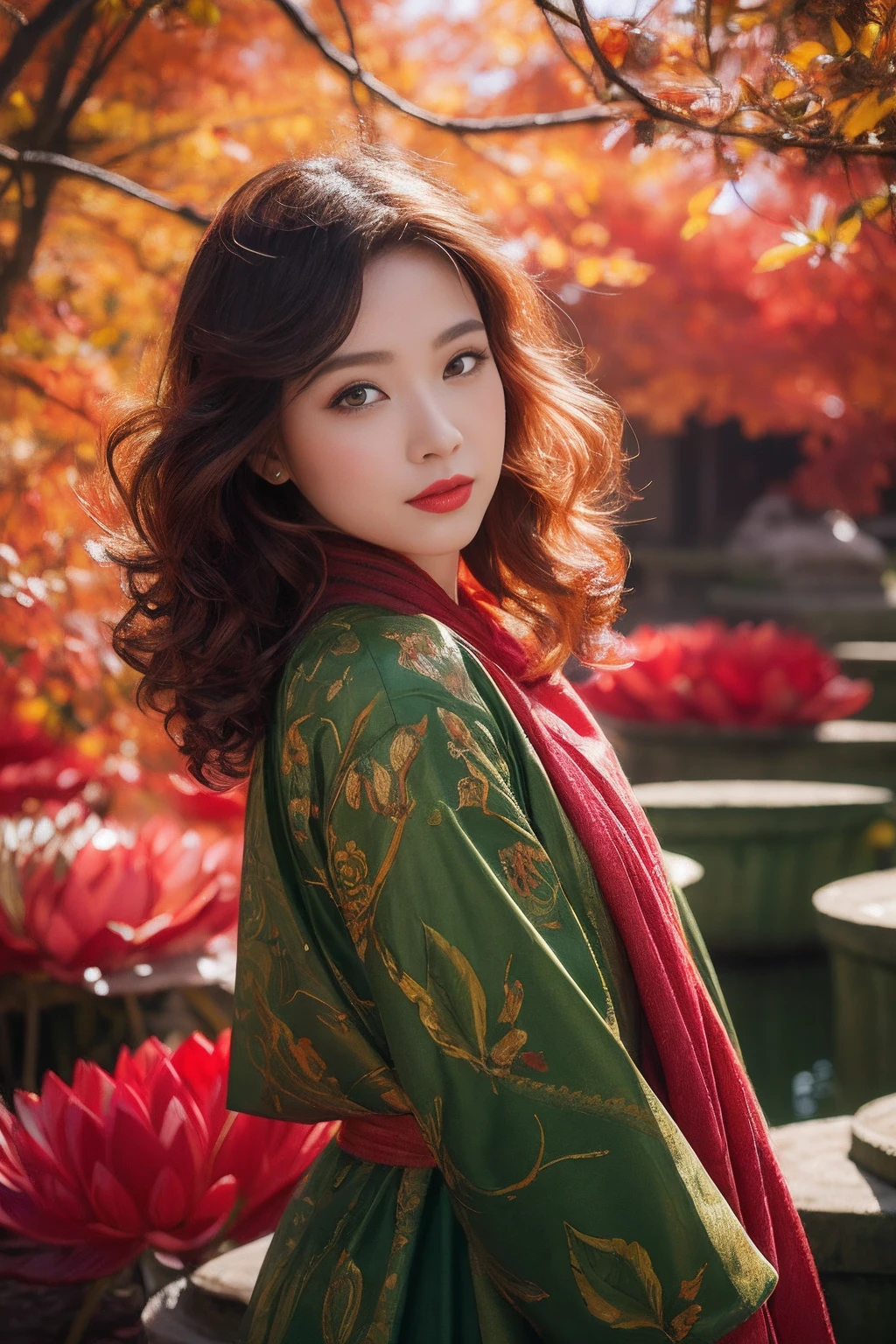 32K（tmasterpiece，k hd，hyper HD，32K）Large flowing curls，Flowing rouge，ponds，zydink， a color，  Asian people （Silly girl）， （Silk scarf）， Combat posture， looking at the ground， Large rolls of rouge， Flowing rouge curls， Crocodile skin skull headdress， Green Chinese long-sleeved clothing， （abstract ink splash：1.2）， Pink lotus background，Water lily flower protector（realisticlying：1.4），Rouge hair，Autumn is in full swing，The background is pure， A high resolution， the detail， RAW photogr， Sharp Re， Nikon D850 Film Stock Photo by Jefferies Lee 4 Kodak Portra 400 Camera F1.6 shots, Rich colors, ultra-realistic vivid textures, Dramatic lighting, Unreal Engine Art Station Trend, cinestir 800，Large curls，Flowing rouge