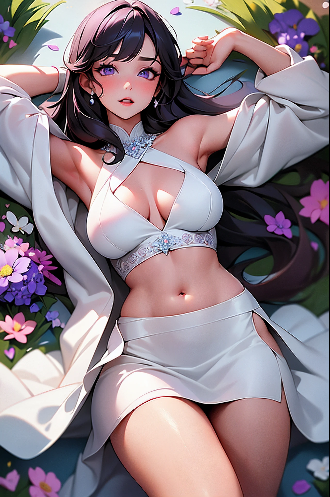 girl, purple eyes(Beautiful detailed eyes),  Cinematic lighting, Thin white wedding dress (thin skirt with open breasts open belly open lower body), Holding a bouquet of blue 彼岸花,two hands holding flowers on the belly, located in a field of flowers, one leg stretched straight, one leg shrunk, heavy rain, wet rain body