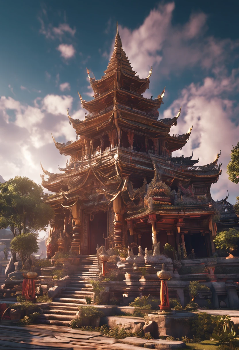 **Main parts, bestquality, (Very detailed CG 8k wallpaper unit), (bestquality), (best illustration), (Best shade), A spirit of ingenuity, rin ((((Cute Warrior))) Take a ride. (((((Hiryu)))) , Thai Palace and Thai Temple in the Sky, Surrounded by trees, Leaves and branches, 。... .3D, Crush the octane number., ray tracing, Super Detailed