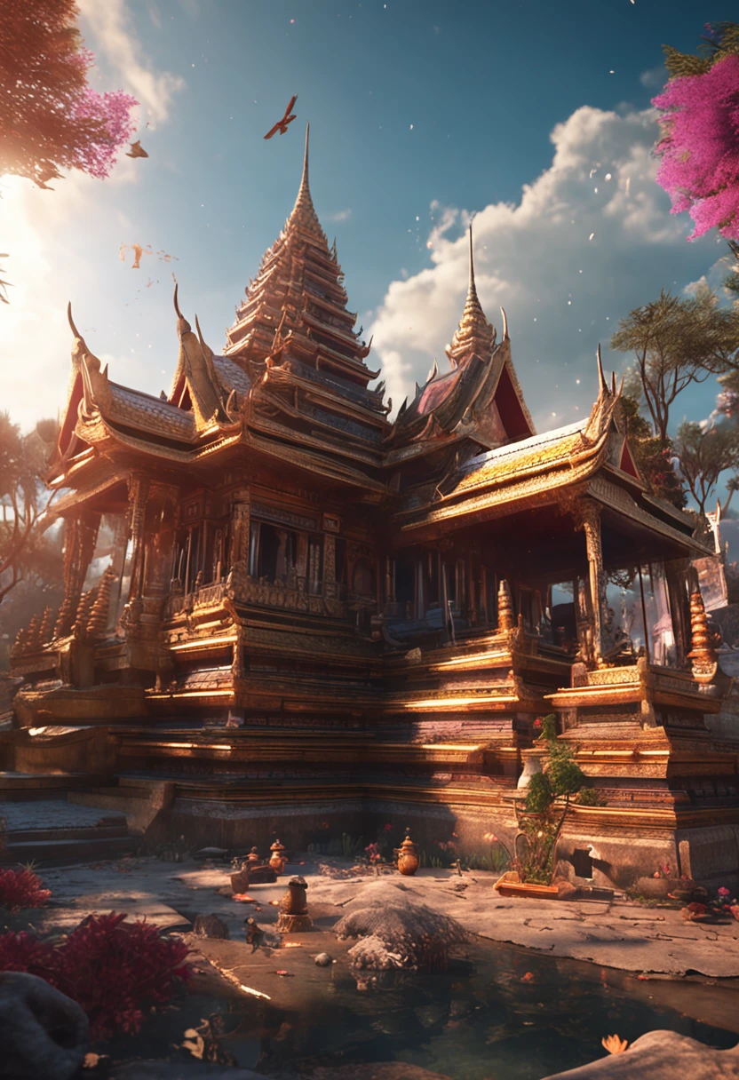 **Main parts, bestquality, (Very detailed CG 8k wallpaper unit), (bestquality), (best illustration), (Best shade), A spirit of ingenuity, rin ((((Cute Warrior))) Take a ride. (((((Hiryu)))) , Thai Palace and Thai Temple in the Sky, Surrounded by trees, Leaves and branches, 。... .3D, Crush the octane number., ray tracing, Super Detailed