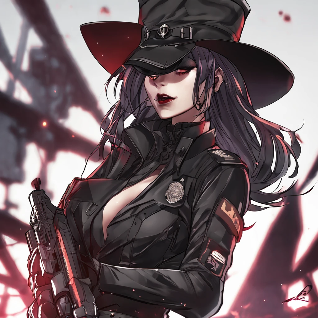 ((masterpiece, best quality)), (1girl), (solo), (female focus), female goth army officer, black leather german uniform, wearing army leather hat, strong makeup, large breasts, tall woman, black eyes, constricted pupils, empty eyes, sadistic expression, yandere, female death appearance, black hair, dynamic angle, ultra detailed, 8k resolution, depth of field, sharp focus, SFV, deep shadows, red background