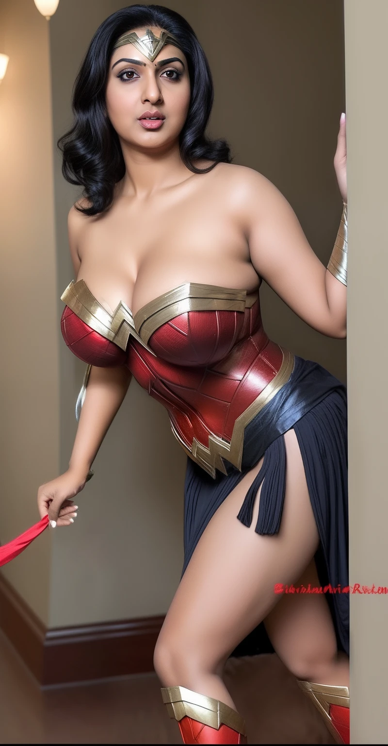 Make it real, realistic, savita bhabhi, wonder woman dress, cosplay, costume, big breasts, sexy cleavage, curvy body, indian, black hair