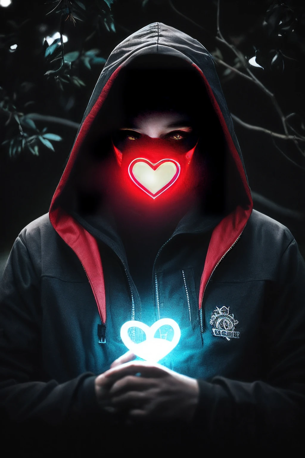 Red Hood from DC covered with tree branches, bright blue white glowing heart visible from human, nighttime, colorful, photography hyper-detailed hdr cinematic lighting, softbox lighting, extreme detail
