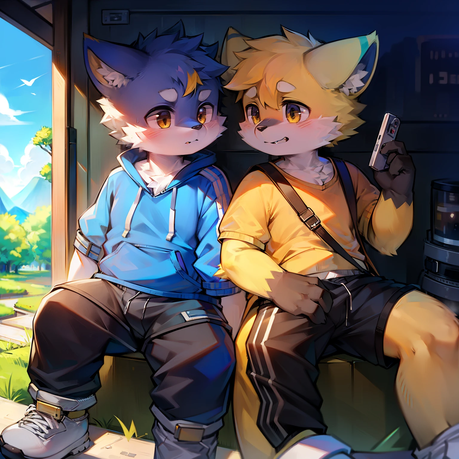 （Yellow Furry Boy 1.1），（Gray Furry Boy 1.1）Preppy style，Parallel bar sweatpants，Trip，Backpack，HighestQuali，Earphone，Two furry，Just as high，