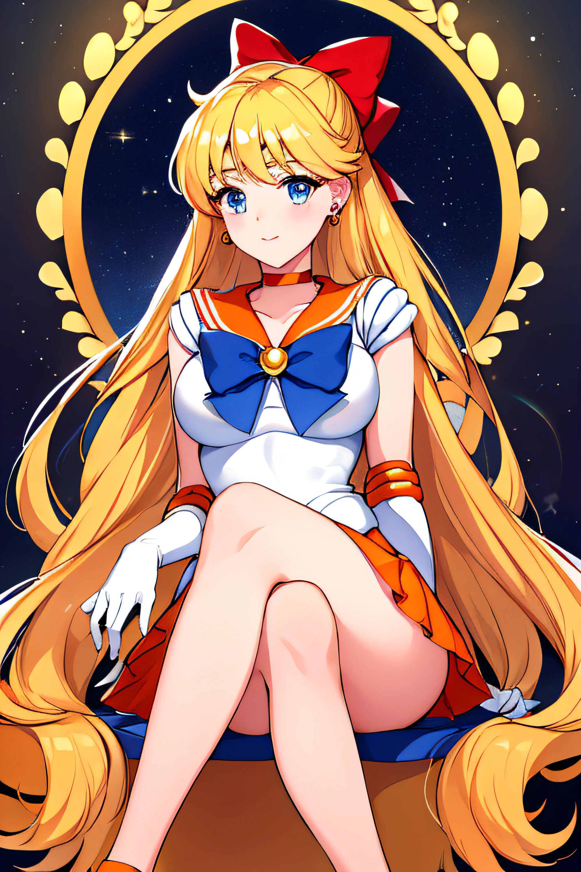 masterpiece, best quality, highres, venus1, 1girl, solo, sailor senshi uniform, sailor venus, aino minako, blonde hair, magical girl, blue eyes, orange skirt, elbow gloves, tiara, pleated skirt, hair bow, orange sailor collar, miniskirt, choker, red bow, orange choker, white gloves, very long hair,  jewelry,  earrings, sitting, crossed legs,