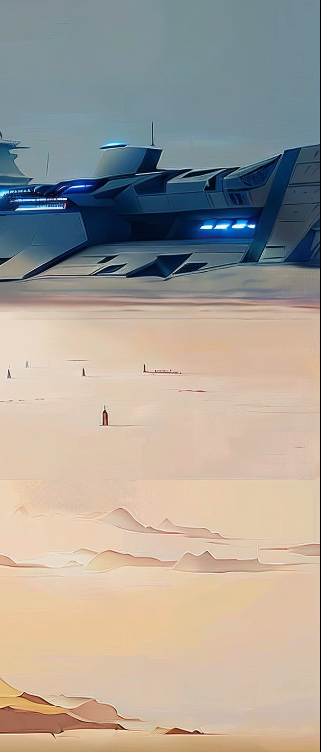 From the beach, You can see the land in the distance, High-tech castle, digitial painting, realisticlying, Thick paint visible, stardestroyer in the background, spaceship in background,Shiny spaceship,Glowing spaceship,game background,combat scene
