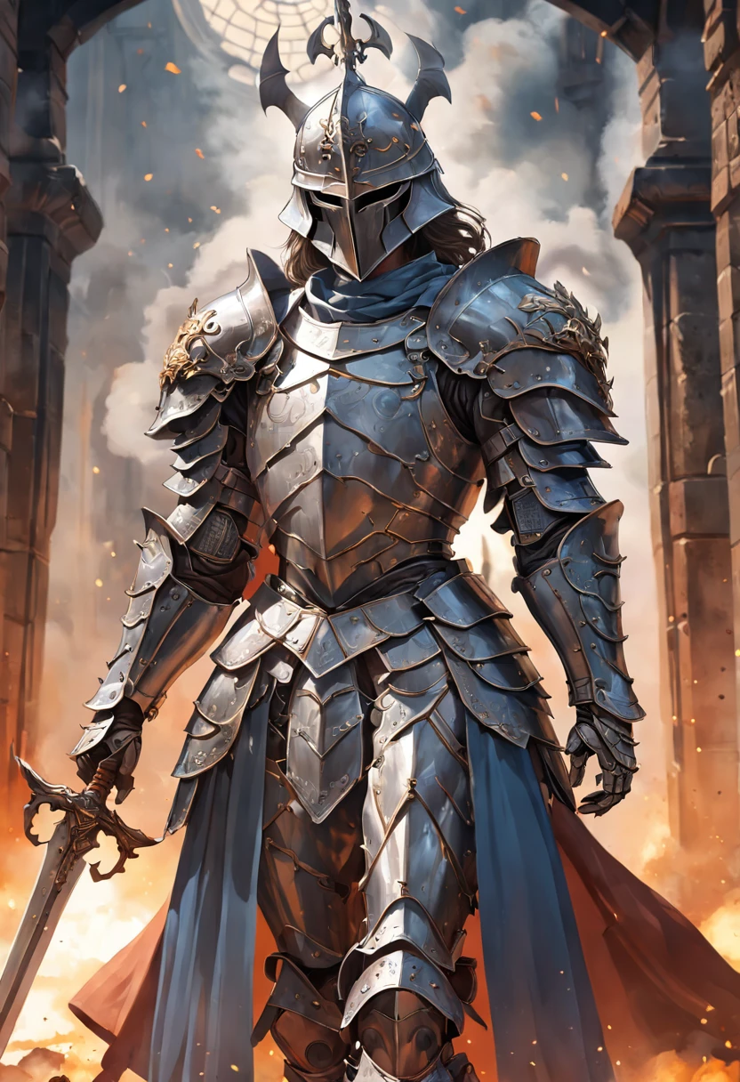 Um imponente cavaleiro esqueleto vestido com armaduras empunhando um enorme machado de batalha. The intricate details of the armor add to its striking appearance. The background is full of smoke. This high-quality image captures the essence of a heavily armored knight, perfect for projects that require a sense of power and determination.