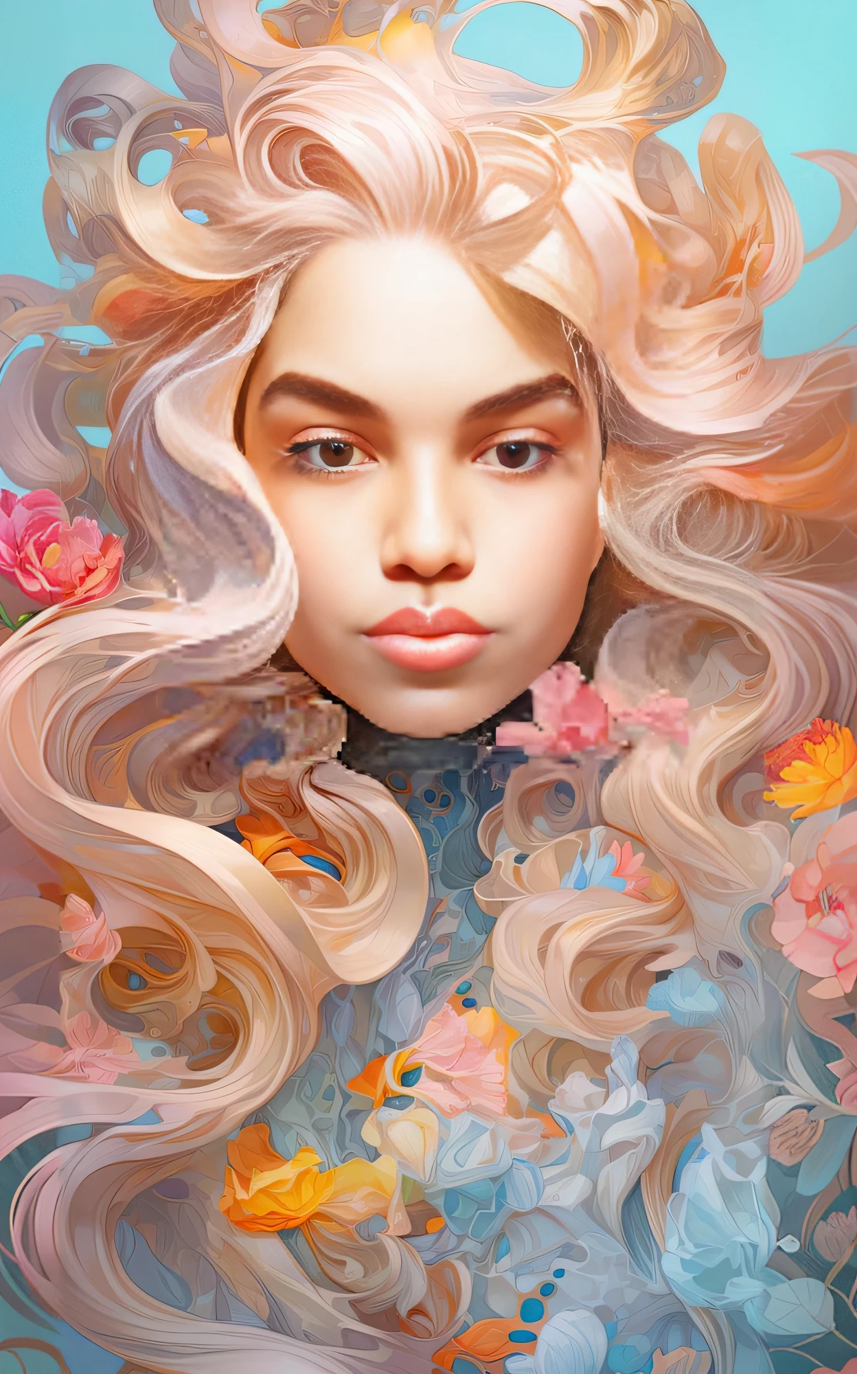 um close up de uma mulher com cabelos longos e flores, exquisite digital illustration, in illustration style digital, stunning digital illustration, Beautiful digital illustration, lindo arte digital, pintura digital brilhante, em estilo de pintura digital, bela arte digital, lindo pintura digital, bela arte digital, karol bak uhd, pintura digital bonita, retrato de fantasia digital, Loish e Ross Tran