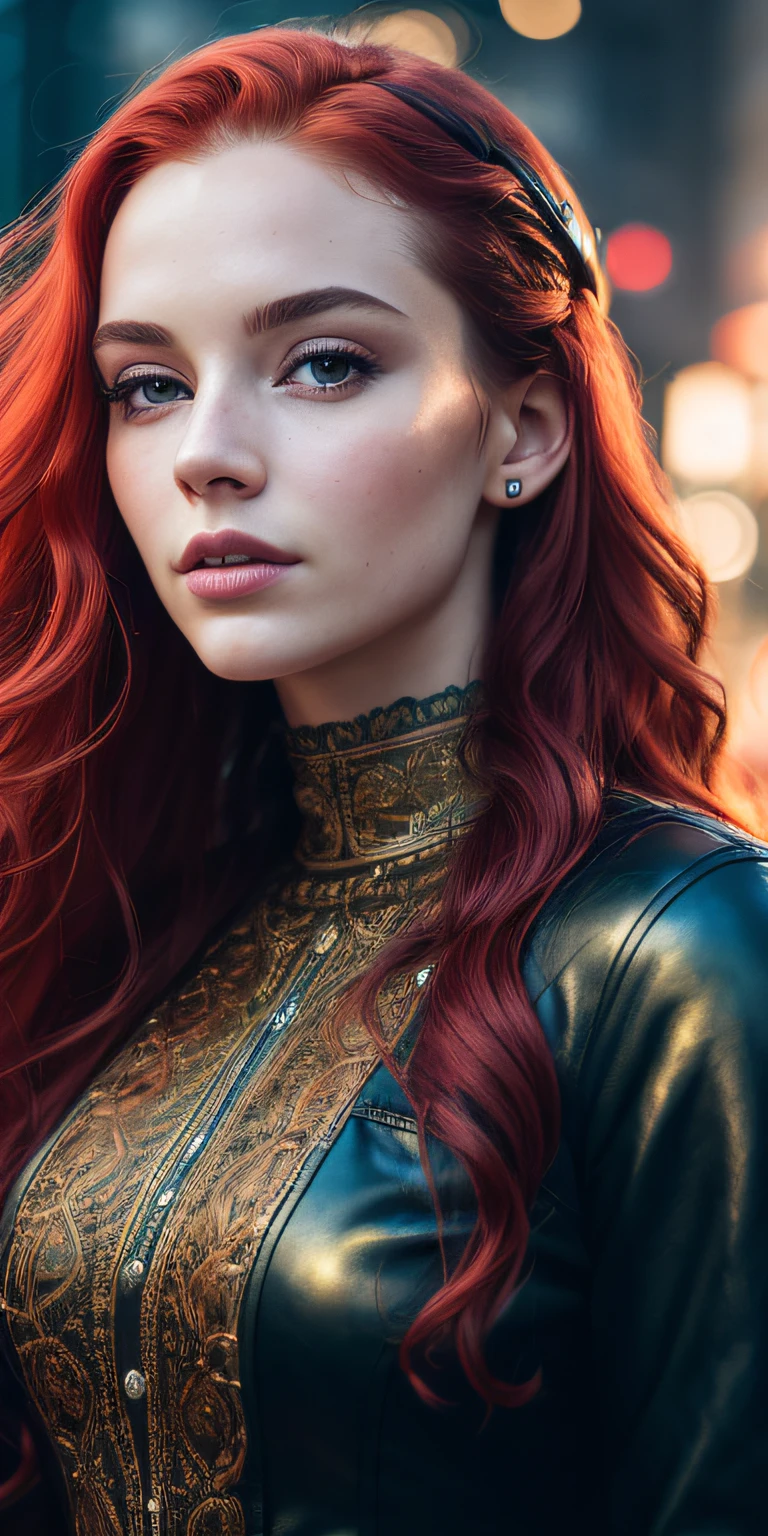 photo of a 25-year-old European girl, Alix Earle, RAW, beautiful woman, (extra long wavy red hair), ((portrait)), ((detailed face: 1.2)), ((detailed facial features)), (finely detailed skin), pale skin, highly detailed deep neckline cyberpunk dress, megacity environment, (cool colors), damp, damp, reflections, (masterpiece) (perfect proportion)(realistic photo)(best quality) (detailed) photographed on a Canon EOS R5,   50mm lens, F/2.8, HDR, (8k) (wallpaper) (cinematic lighting) (dramatic lighting) (sharp focus) (intricate)