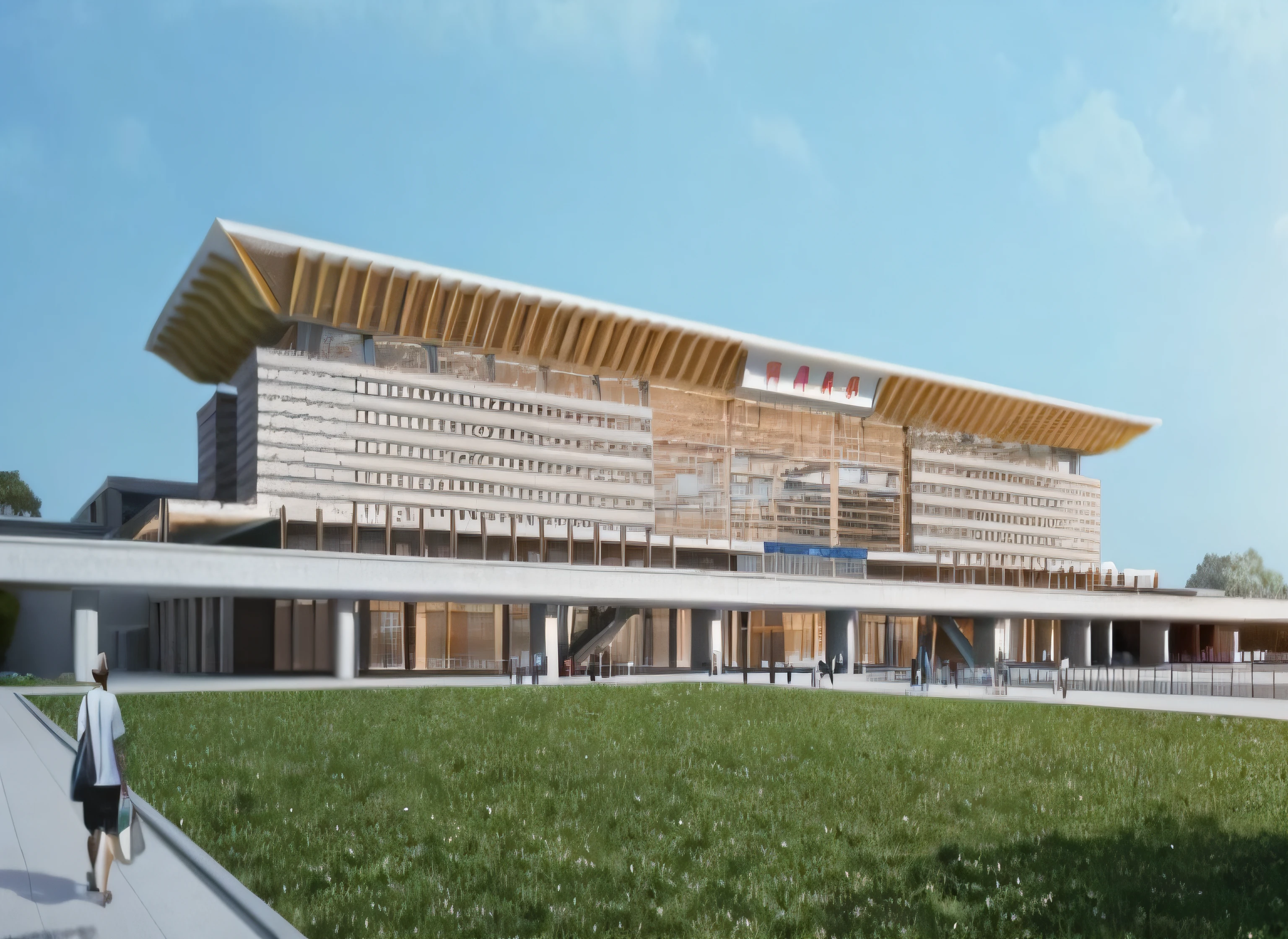 Rendering of a large building,There is a meadow in front, wide angle exterior 2022, photo from 2022, A digital rendering, Location shooting, A digital rendering, artistation render, rendering, building rendering, up front view, A digital rendering, architectural render, highly rendered!!, sharp hq rendering, Terminal, photorender, Beautiful rendering of the Tang Dynasty,Two-dimensional sky,
