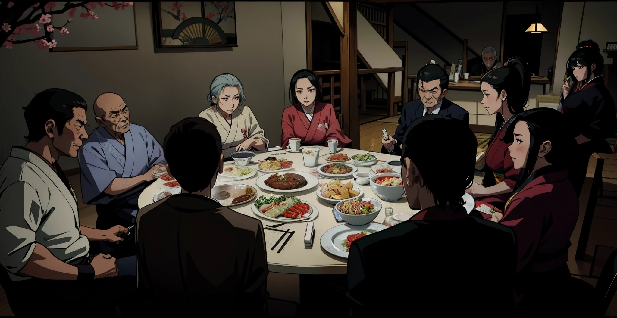 Anime scene, japanese yakuza, middle age women in the middle, old grandmother on the left, dining in tradional japanese restaurant,traditional clothing japanese, court attire, middle age people, japanese dynasty, japanese clan yakuza, formal wear, dark room
