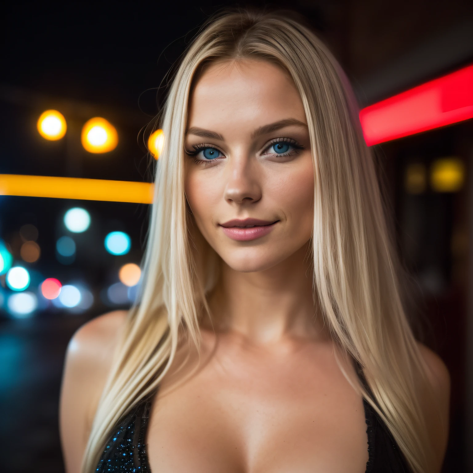 (Selfie, Draufsicht: 1.4), (straight half of the body: 1.4), RAW UHD portrait photo of a 24-year-old blonde (Blue-eyed woman) In einer Bar , big boobs,, Stadt bei Nacht, (Rock), (Ausschnitt), Details (Gewebe! , Haar! , Glitzer, Farbe!! , Benachteiligungen: 1.1), shiny eyes with high level of detail (Blick in die Kamera), SLR-Beleuchtung, Spiegelreflexkamera, ultra quality, Sharpness, Depth of field, Filmkorn (Mitte), Fujifilm XT3, kristallklar, Rahmenmitte, Beautiful face, Scharfer Fokus, Streetlight, Neonbeleuchtung, bokeh (schwach beleuchtet), Nacht, (Nachthimmel), Detaillierte Hautporen, Oily skin, Sonnenbrand, Komplexe AugenDetails, full entire body, big boobs