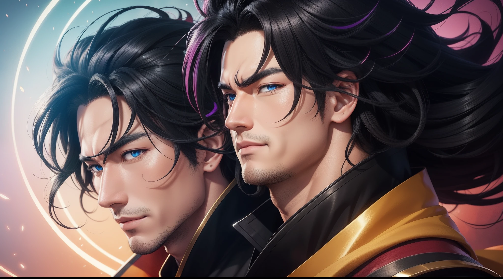 "Cheerful Madara is a true masterpiece with masculine beauty, perfect anatomy. Olpntng style, colorful rainbow, storybook ninja costumes, clean design, epic Instagram, artstation, full of color paint streaks, wlop, outline. When you look at his beautiful eyes, you will see clearly every small detail and perfect line, every detail on the skin is beautiful in 8K quality, people will be captivated by the confidence radiating from every look. His head has black hair and his face is drawn meticulously in every detail with 8K image quality.''