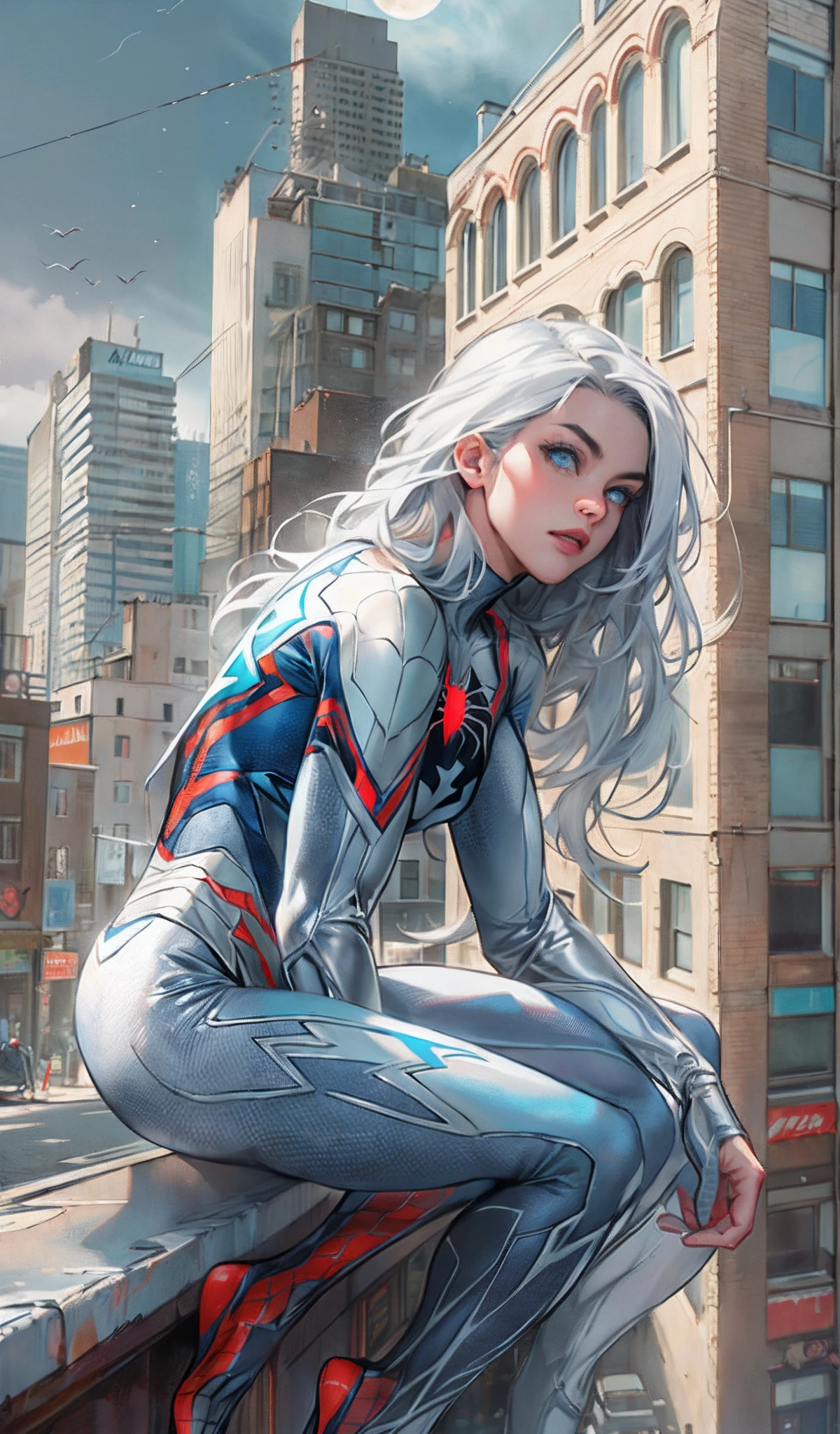 (​masterpiece、4K resolution、A hyper-realistic、ighly detailed)、(White Superhero Theme、Charisma、There's a girl in a Spider-Man costume over town、She's a superhero)、 [((25-years old)、(Long grey hair:1.2)、full body Esbian、(blue eyess:1.2)、((Spider-Man pose)、show of strength、Jump from one building to another)、(Look back)、((Sandy urban environment):0.8)|(A city scape、natta、Dinamic Light)、(fullmoon)]#illustrate:Prompts are mainly ultra high definition、very real、Describes highly detailed 4K paintings。A superheroine in a Spider-Man costume is depicted at the top of the city。The theme of the picture is white superhero theme、The female protagonist has long white hair and、At the age of 25、Her whole body is shown in the painting。In terms of depicting the actions of superheroines、Spiders are employed