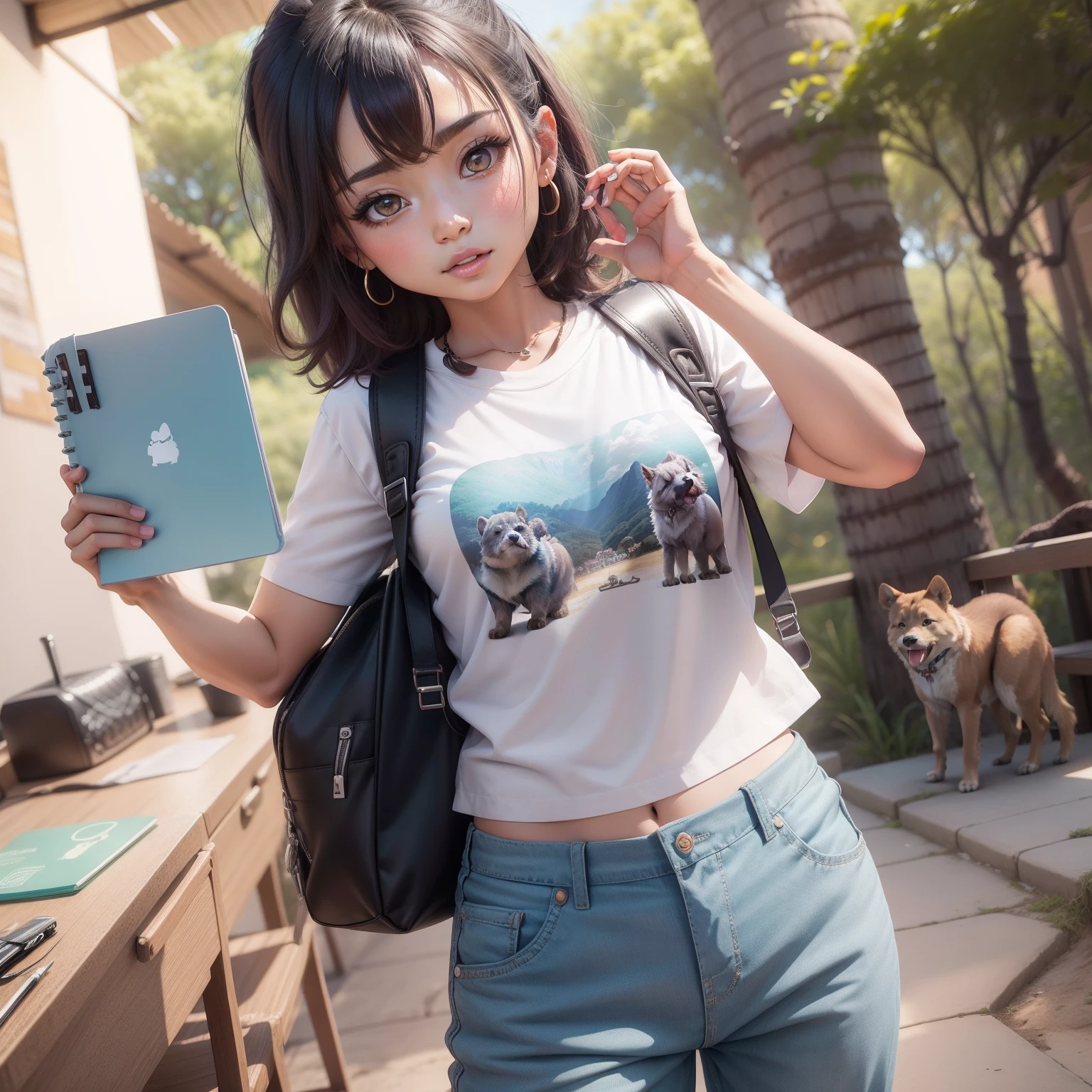 estilo chibi, ..3d, Explorador brasileiro com seu cachorro usando mochila, shirt and pants, segurando notebook, Africa, various poses and expressions,8k, disco Rigido, pastel hues, Majestic wildlife safari, Georgia O'Keeffee -- 15507630 de sementes