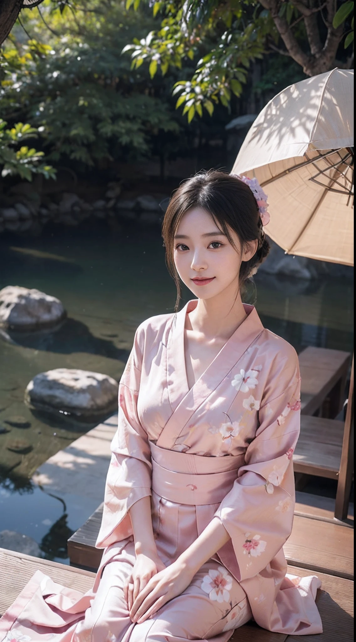 (Photorealsitic:1.4), (Top image quality:1.0), (超A high resolution:1.0), 8K, Raw photography, (masterpiece:0.2), (pureerosface_v1:0.5)、(Best Quality Detail:1.2)、realisitic、8K UHD、hight resolution、(1girl in:1.2)、The ultra-detailliert、High quality textures、intricate detailes、detaileds、Very detailed CG、High quality shadows、Detail Beautiful delicate face、Detail Beautiful delicate eyes、depth of fields、Ray traching,1girl in, japanaese girl, Cute, slender, Black kimono, Kimono with Japanese pattern,Floral scrunchie, Beautiful skin, Facing the front,Sit down, Sit upright and say thank you,Align your hands elegantly,Smile faintly The Land of Japan,Japanese garden,Luxury Japanese-style room,, Magic Hour, (Realistic:1.3),, quality, (masutepiece:1.2), (Photorealistic:1.2), (Best Quality), (Intricate details), Dramatic, Ray tracing, photograph, +Lola,Pink kimono,