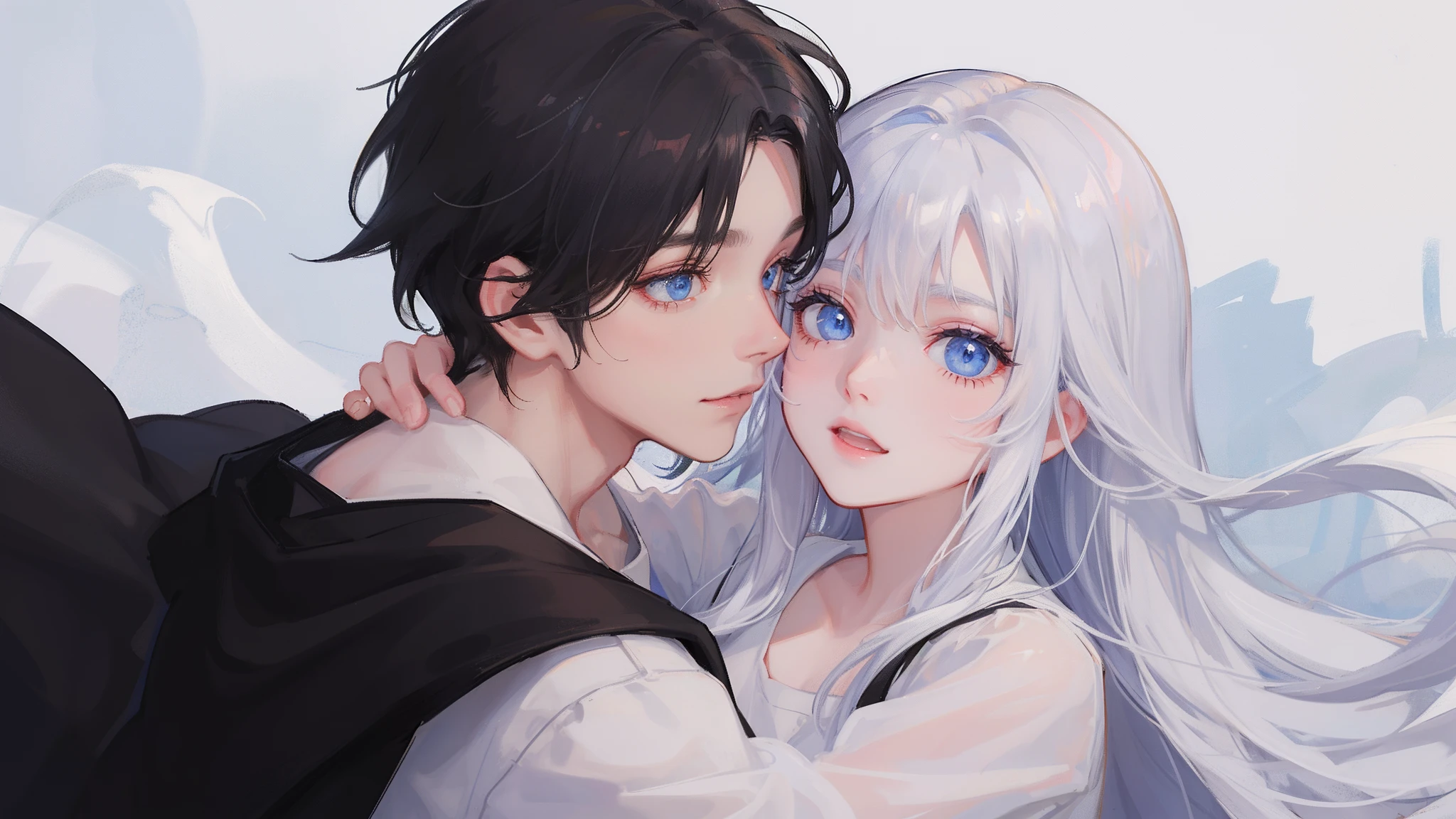 The white-haired, blue-eyed, young girl in a white shirt hugged the boy with black hair and blue-eyed eyes，Embrace the ultimate in light and shadow，k hd，and the sun was shining brightly，is shy，White skin
