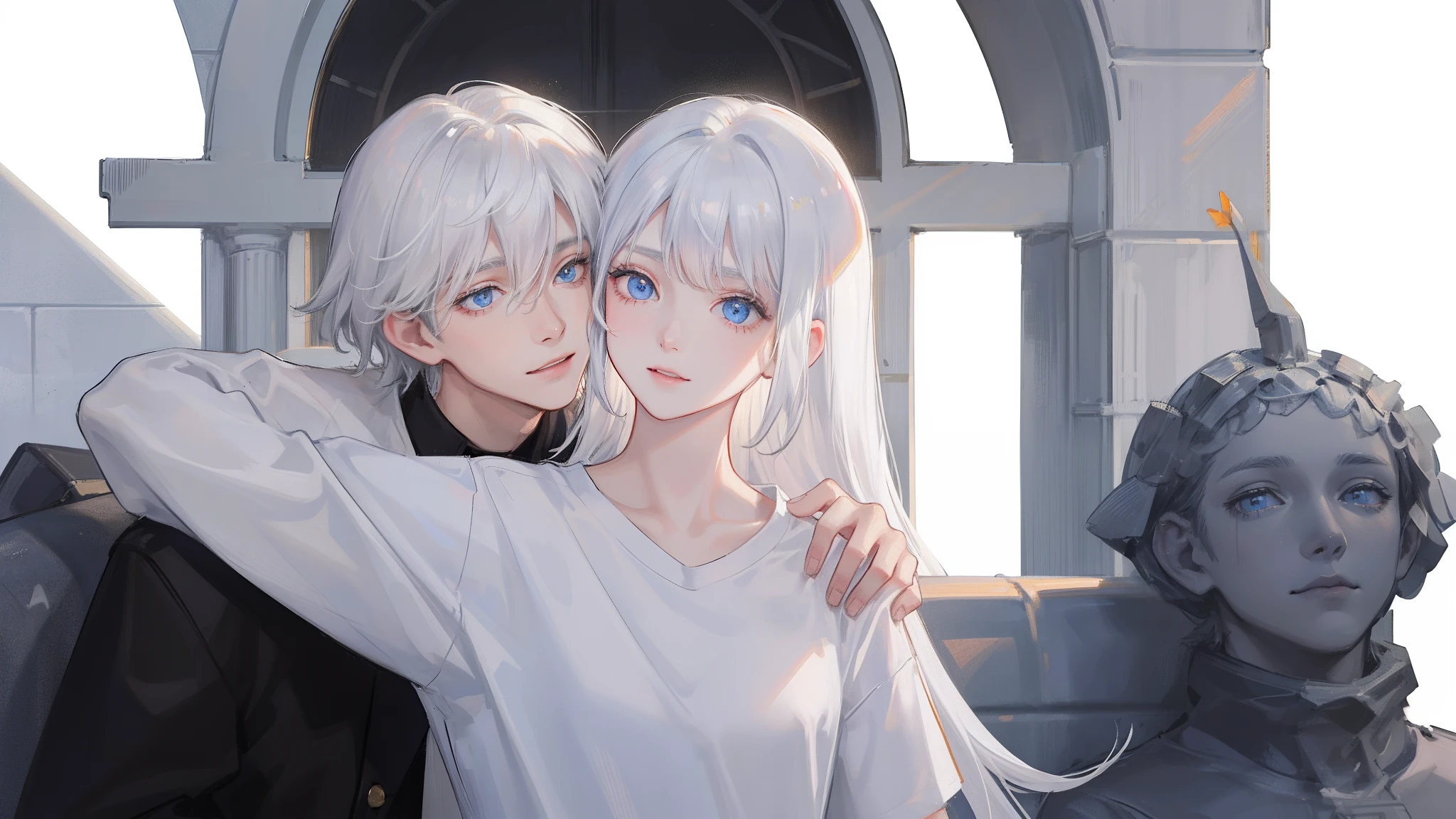 The white-haired, blue-eyed, young girl in a white shirt hugged the boy with black hair and blue-eyed eyes，Embrace the ultimate in light and shadow，k hd，and the sun was shining brightly，is shy，White skin