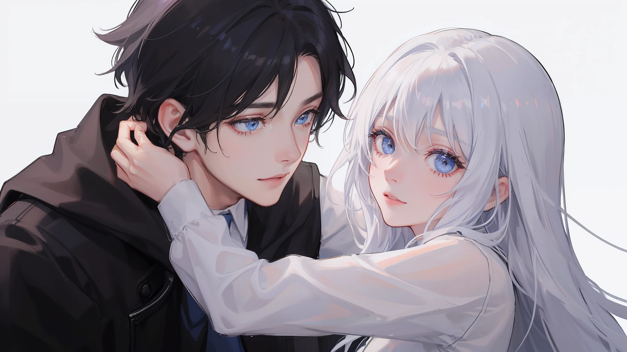 The white-haired, blue-eyed, young girl in a white shirt hugged the boy with black hair and blue-eyed eyes，Embrace the ultimate in light and shadow，k hd，and the sun was shining brightly，is shy，White skin