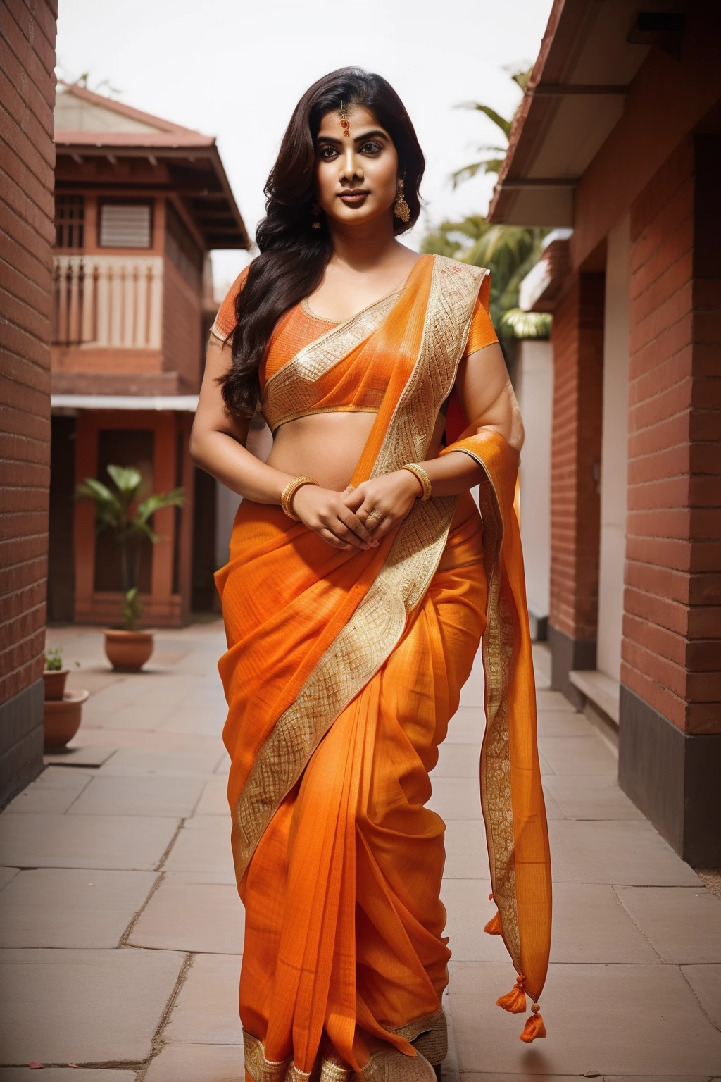 fat woman in orange sari standing on a brick , dressed in a sari, wearing a sari, indian, wearing sari, candid picture, very beautiful woman, very beautiful photo, indian super model, woman posing, candid photograph, 3 0 years woman, traditional beauty, very very beautiful woman, very extremely beautiful, wearing traditional garb, revealing dress