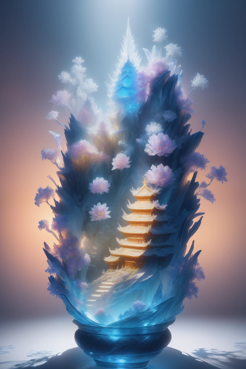 best quality, realistic, photorealistic, ultra detailed, "Mountain of Flower and Fruit，Fairy" highly detailed carving on "southern ice" porcelain,Ultra wide angle,Accent Lighting,Volumetric Lighting,backlighting, (detailed light),((an extremely delicate and beautiful)),dramatic_shadow,ray_tracing,hdr