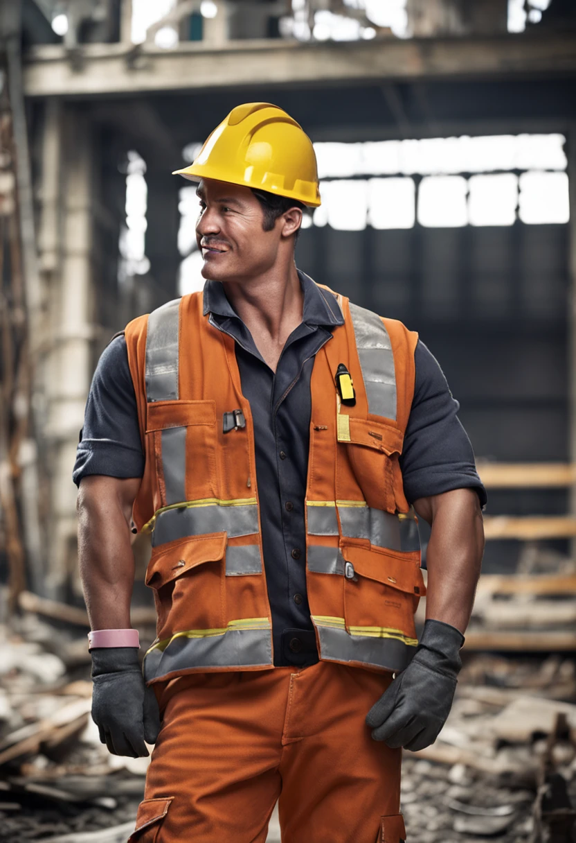 masterpiece, top-quality, ultra-detailliert, realistic, gay, Construction site workers,Carrying a hammer with one hand,male people,Niō Standing,Workwear,gloves,work shoes、Adscent Men、Cute smile、a little meaty、well-muscled、Wearing firefighter's clothes、Oku Duplex、a babbyface、witund face