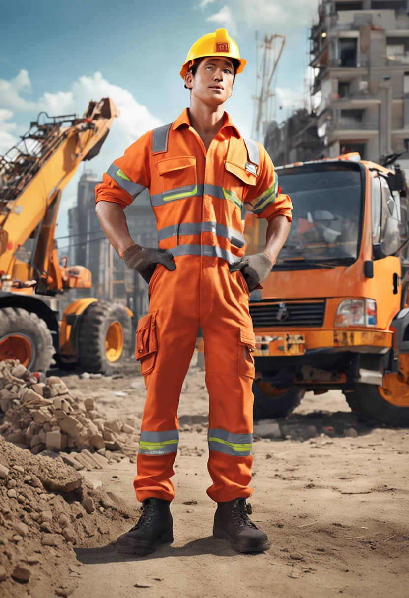 masterpiece, top-quality, ultra-detailliert, realistic, gay, Construction site workers,Carrying a hammer with one hand,male people,Niō Standing,Workwear,gloves,work shoes、Adscent Men、Cute smile、a little meaty、well-muscled、Wearing firefighter's clothes、Oku Duplex、a babbyface、witund face