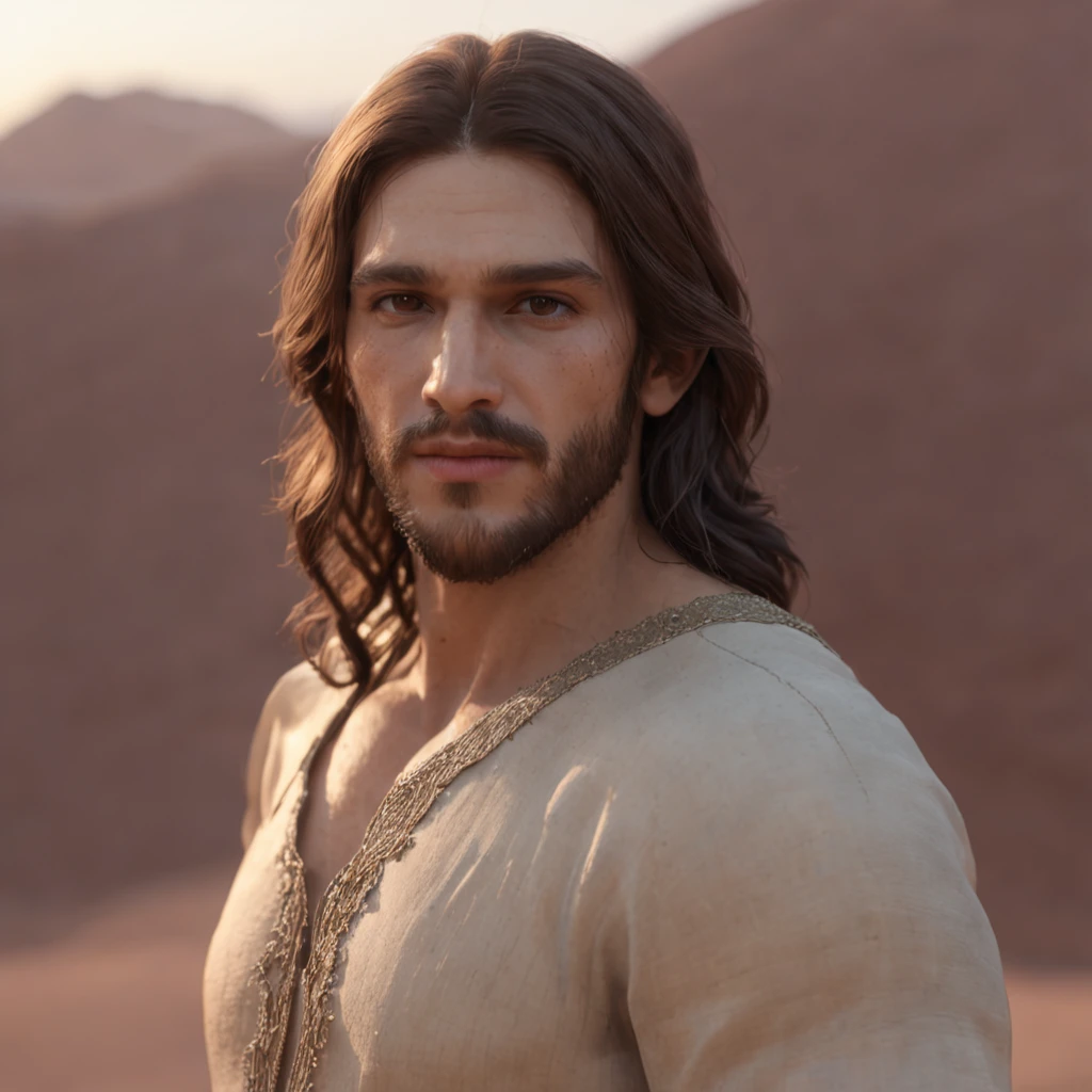 (Professional 3D rendering:1.3) de (Realistic:1.3) foto de arte mais bonita do mundo,soft features, ((Jesus Christ epic rough fantasy man welcoming look long hair short beard and welcoming expression in dynamic pose, fantastic desert location, majestoso ambiente desordenado)), rosto 8k unidade render, action shot, poros da pele, very dark lighting, sombreamento pesado, circunstanciado, rosto detalhado, (Vibrando, Fotografia realista, Realistic, Dramatic, Escuro, foco nítido, 8k), (Roupas de couro velhas danificadas pelo mau tempo:1.4), ((((Use peles)))), (intrincado:1.4), decadente, (altamente detalhado:1.4), Pintura digital, rendering by octane, art stations, conceito-arte, liso, foco nítido, illustration, germe da arte, (Loish:0.23), Wlop Ilya Kuvshinov, e greg rutkowski e alphonse mucha gracias, (global ilumination, studiolight, light volumetric), chuva forte, floating particles, patife, fantasia, Nosso, Corpo inteiroesbiano, ((Fundo escuro e antigo da cidade:1.3)),CGSesociedade,art stations