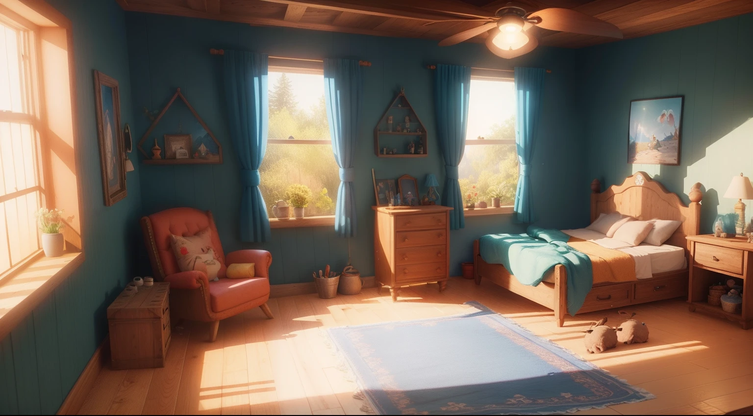 (Pixar style: 1.2), Cute, 3D artwork, bedroom, tavern, inn, video game, a ray of light, blender, OC renderer, dribble high detail 8k, studio lighting --v 6