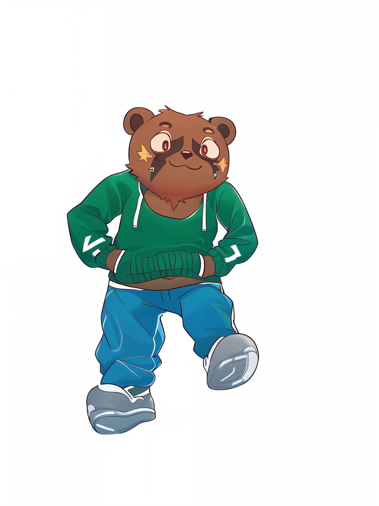 Drawing of a tanuki in green tracksuit and blue pants, kemono，Portrait of an anthropomorphic tanuki，There are red star-shaped birthmarks on the face，slightly fat big breasts，ssmile，Gently raise your left leg，The sole has an inscription "1107"，The background is a Soviet-style city