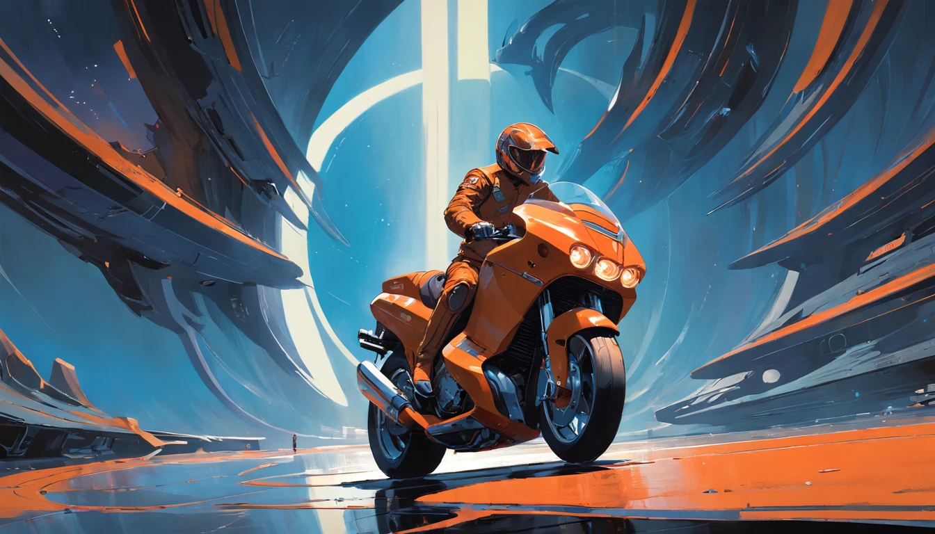 This masterpiece should be executed in the style of Syd Mead, celebrated for his futuristic and imaginative design work. The image should be extremely detailed, capturing the sleekness of the motorcycle, the dynamic motion of the rider, and the breathtaking cosmic landscape.
