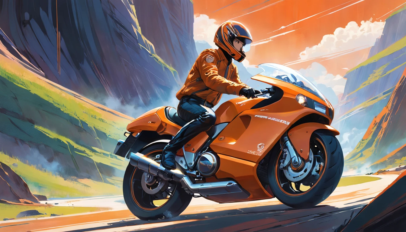 This masterpiece should be executed in the style of Syd Mead, celebrated for his futuristic and imaginative design work. The image should be extremely detailed, capturing the sleekness of the motorcycle, the dynamic motion of the rider, and the breathtaking cosmic landscape.