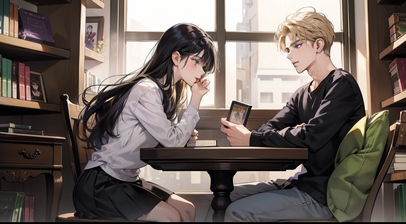 Happy couple, 1 girl 1 boy, different hair color, long black hair and purple eyes, short blonde hair and green eyes, face to face, romantic, casual clothe, bookstore, sitting down, mouth opens, talking to each other, 15 years old