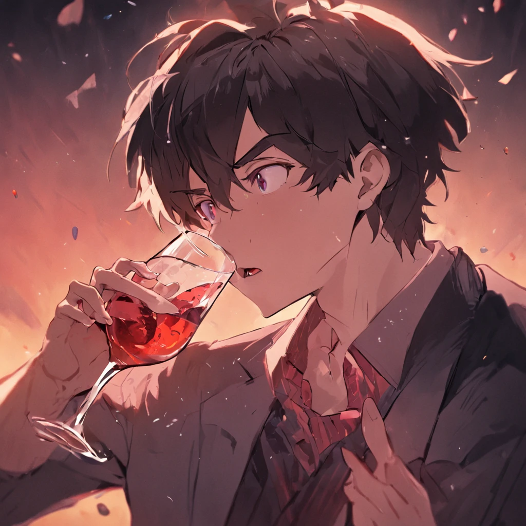 Man, Male, European, 30 years old, Short hair, Calculate appearance, Youth clothing,frontage,Open your mouth,Exaggerated expressions,Holding a wine glass in his left hand