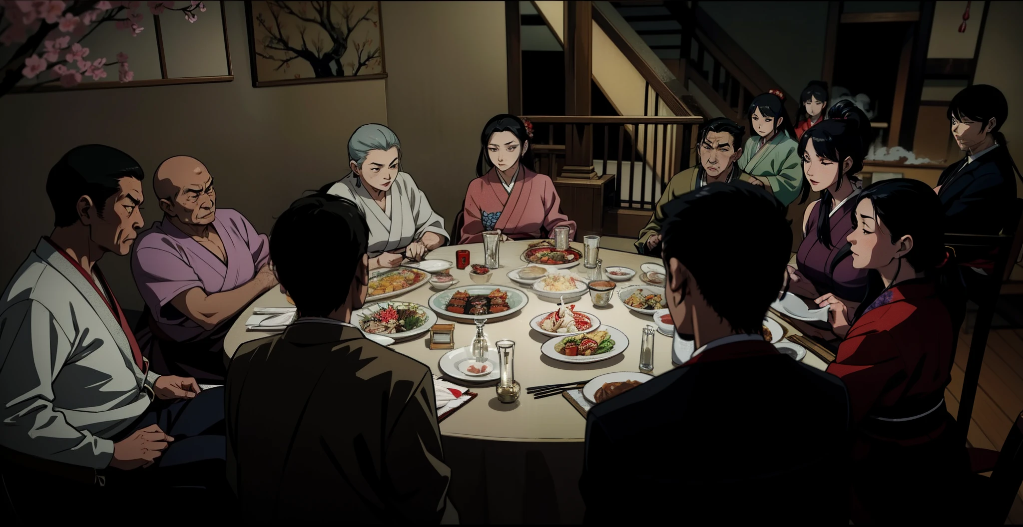 Anime scene of a japanese yakuza family, dark restaurant, middle age women in the middle, old grandmother on the left, dining in tradional japanese restaurant, traditional clothing japanese, court attire, middle age people, japanese dynasty, japanese clan yakuza, formal wear, smoking room